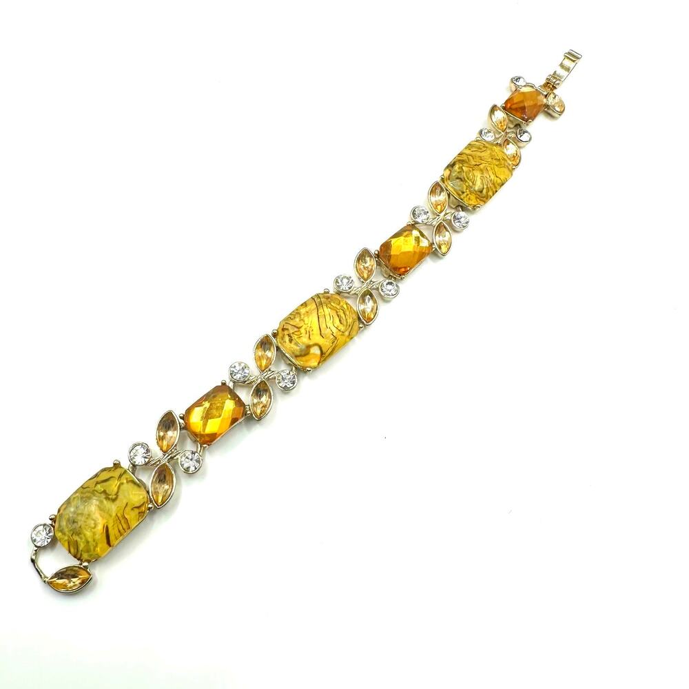 Napier Vintage Gold tone Link Bracelet Signed Faceted Crystals Unique Retro